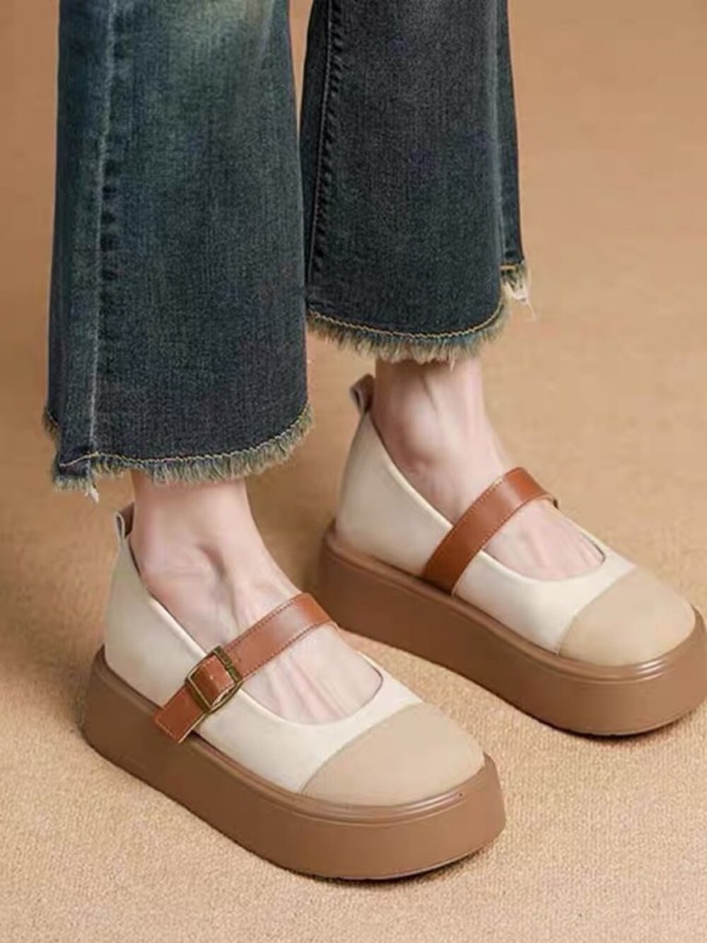 Beige Cream Mary Jane Platform Flats – EU 36-36.5